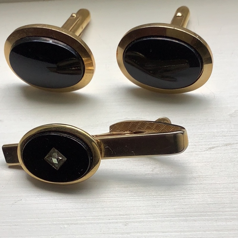 Vintage Black Onyx Cuff Links & Tie Clip Set